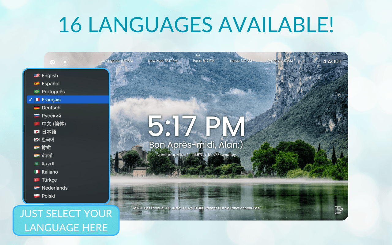 Chromentum interface showing 16 language support and beautiful mountain background